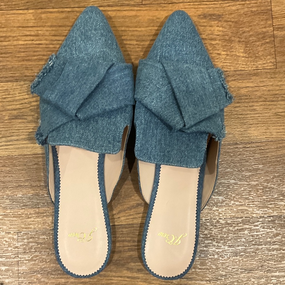 J. Crew Denim Blue Mules with Bow Detail